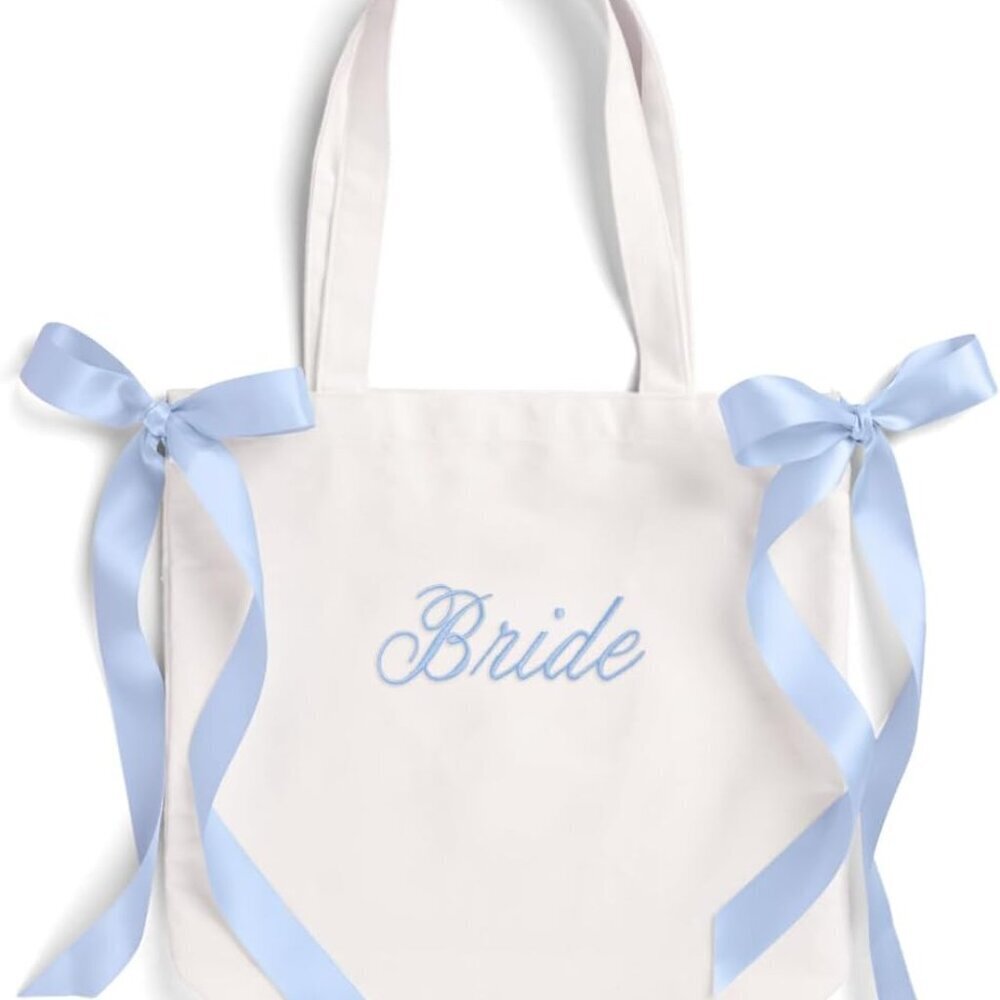 White Canvas Tote Bag Bride Blue Satin Bows Bridal Party Gift